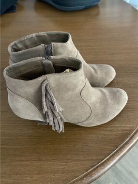 Suede Tassel Ankle Boots in Taupe